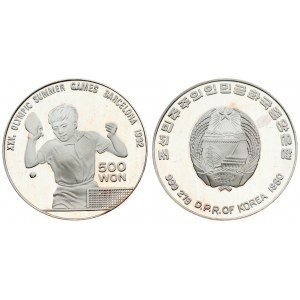 Korea-North 500 Won 1990 Olympic table tennis. Averse: National arms. Reverse: Table tennis player. Silver...