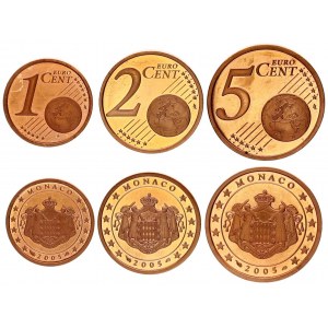 Monaco 1 & 2 & 5 Euro Cent 2005(a) Rainier III(1949-2005). Averse: Crowned arms. Reverse: Value and globe...