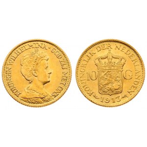 Netherlands 10 Gulden 1913 Wilhelmina I(1890–1948). Averse: Head right. Reverse: Crowned arms divide value...