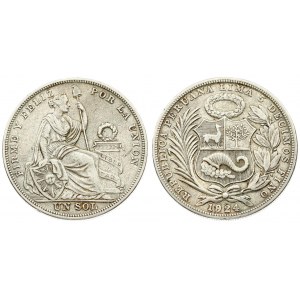 Peru 1 Sol 1924 Averse: National arms. Reverse: Seated Liberty flanked by shield and column. Silver. KM 218...
