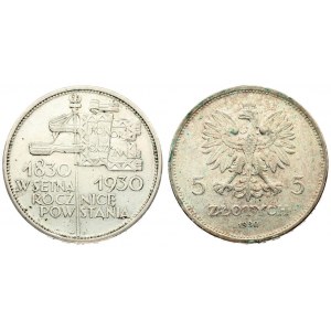 Poland 5 Zlotych 1930 (w) Centennial of 1830 Revolution. Averse: Crowned eagle with wings open flanked by value...