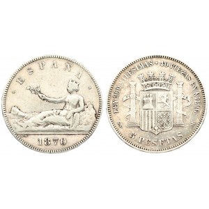 Spain 5 Pesetas 1870 (70) SN-M Averse: Seated Liberty; date below. Reverse: Crowned arms; pillars; value below. Silver...