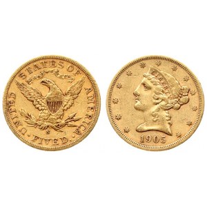 USA 5 Dollars 1905 S San Francisco. Liberty / Coronet Head - Half Eagle With motto. Averse...