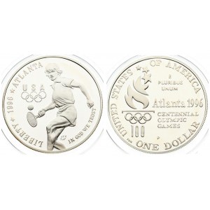 USA 1 Dollar 1996 Atlanta Centennial Olympic Games - Tennis. Averse: A woman playing tennis about to hit the ball...