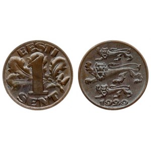 Estonia 1 Sent 1929. Averse: Three leopards left above date. Reverse: Denomination oak leaves in background...