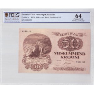 Estonia 50 Krooni 1929 Banknote Pick# 65a № 0841422. PCGS 64 Choise UNC