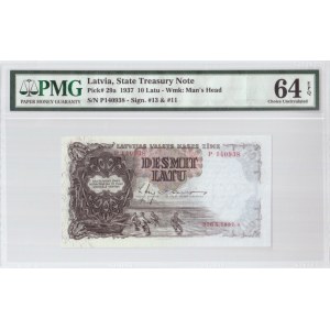 Latvia 10 Latu 1937 Riga Banknote Pick#29a. № P 140938 Sign. #13 &#11. PMG 64 Choise Uncirculated