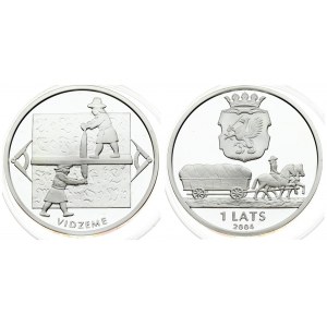 Latvia 1 Lats 2004 Vidzeme. Averse: Crowned arms above horse drawn wagon. Reverse: Two men sawing wood. Edge Lettering...