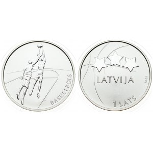 Latvia 1 Lats 2008 Basketball. Averse: Three stars and stylized basket ball design. Reverse...