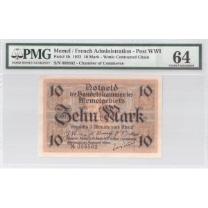 Lithuania 10 Mark 1922 Memel French Administration Banknote. S/N 009562. Chamber of Commerce. Pick#5b...