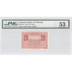 Lithuania 20 Centu 1922 Banknote Bank of Lithuania Pick#3a. PMG 53 About Uncirculated