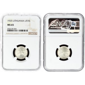 Lithuania 1 Litas 1925 Averse: National arms. Reverse: Value above oak leaves. Edge Description: Milled. Silver. KM 76...