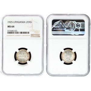 Lithuania 1 Litas 1925 Averse: National arms. Reverse: Value above oak leaves. Edge Description: Milled. Silver. KM 76...