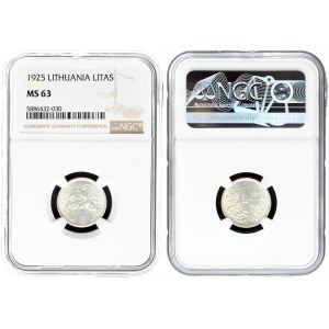 Lithuania 1 Litas 1925 Averse: National arms. Reverse: Value above oak leaves. Edge Description: Milled. Silver. KM 76...