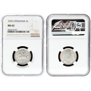 Lithuania 2 Litų 1925 Averse: National arms. Reverse: Denomination within wreath. Edge Description: Milled . Silver...