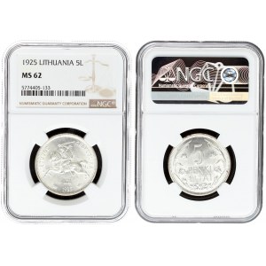 Lithuania 5 Litai 1925 Averse: National arms. Reverse: Value within flowered flax wreath. Edge Description: Milled...