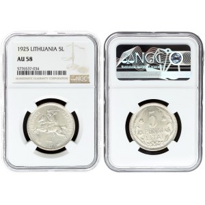 Lithuania 5 Litai 1925 Averse: National arms. Reverse: Value within flowered flax wreath. Edge Description: Milled...