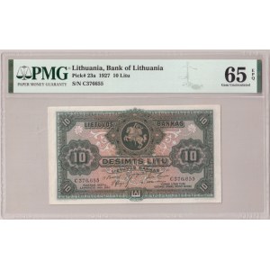 Lithuania 10 Litu 1927 Banknote. Pick #23a. S/N C376655. PMG 65 Gem Uncirculated TOP POP