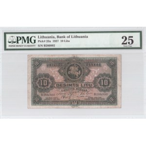 Lithuania 10 Litu 1927 Banknote Bank of Lithuania. S/N B280892. Pick#23a. PMG 25 Very Fine