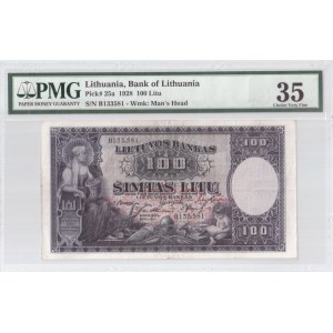 Lithuania 100 Litu 1928 Banknote Bank of Lithuania. S/N B133581. Pick#25a. PMG 35 Choice Very Fine