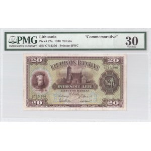 Lithuania 20 Litu 1930 Banknote Bank of Lithuania. S/N C715306. Pick#27a. PMG 30 Very Fine