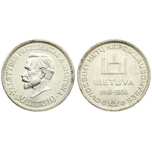 Lithuania 10 Litų (1918-1938) 20th Anniversary of Republic. Averse: Columns of Gediminas above LIETUVA and dates 1918...