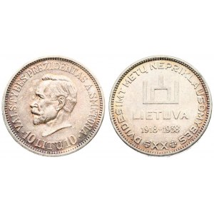 Lithuania 10 Litų (1918-1938) 20th Anniversary of Republic. Averse: Columns of Gediminas above LIETUVA and dates 1918...