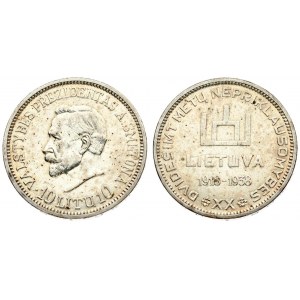 Lithuania 10 Litų (1918-1938) 20th Anniversary of Republic. Averse: Columns of Gediminas above LIETUVA and dates 1918...