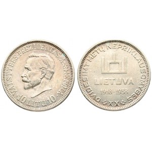 Lithuania 10 Litų (1918-1938) 20th Anniversary of Republic. Averse: Columns of Gediminas above LIETUVA and dates 1918...