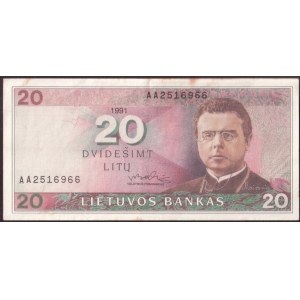 Lithuania 20 Litu 1991 Banknote Bank of Lithuania. S/N AA2516966. P#48