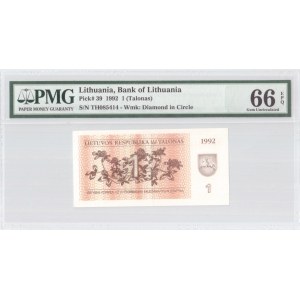 Lithuania 1 Talonas 1992 Banknote Bank of Lithuania. S/N TH085414. Pick#39. PMG 66 Gem Uncirculated