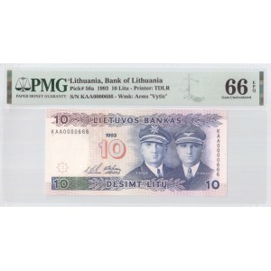 Lithuania 10 Litu 1993 Banknote Pick#56a № KAA0000666 PMG 66 Gem Uncirculated