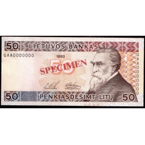 Lithuania 50 Litu Specimen 1993 Banknote P#58s № QAA0000000