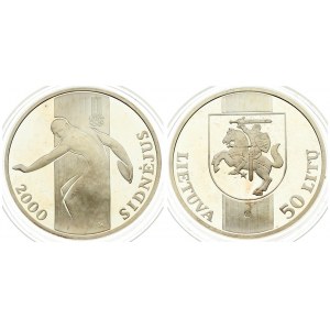 Lithuania 50 Litų 2000 Games of the XXVII Olympiad Sydney Australia. Averse: National arms within lined diagonal design...