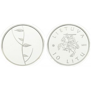 Lithuania 10 Litų 2011 Lithuanian Culture - Theatre. Averse: State emblem. Reverse: Theatre motif; two half faces...