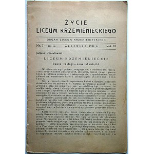 ŻYCIE LICEUM KRZEMIENIECKIEGO. Organ Liceum Krzemienieckiego. Krzemieniec, czerwiec 1931. Rok III. Nr. 7 - cz...