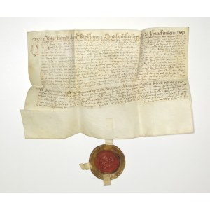 DZIERŻONIÓW. Rękopiśmienny dokument sporządzony na pergaminie 23 VI 1606. Jest odpisem dokumentu wys ...