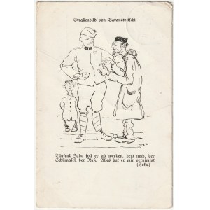 BARANOWICE. Grafische Postkarte mit einer Straßenszene, die ein Gespräch zwischen einem deutschen Soldaten und einer ...