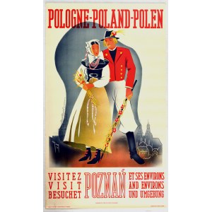 POZNAŃ. Plakat turystyczny reklamujący miasto w języku angielskim, francuskim i niemieckim, lata 193 ...