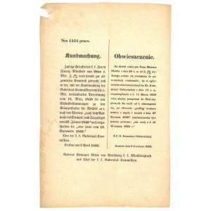 KRAKÓW. Dwujęzyczne obwieszczenie C. K. Kommissyi Gubernialnej, Kraków 2 IV 1850; druk cz.-b., st. b ...