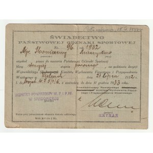 KIELCE. State Sports Badge Certificate No. 96/1932; Kielce for Major Mieczyslaw Skonieczny ...
