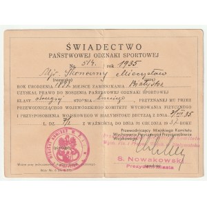BIAŁYSTOK. Certificate of State Sports Badge No. 514/1935 for Major Mieczyslaw Skonieczny, Bia ...