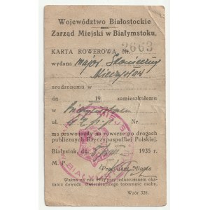 BIAŁYSTOK. The Municipal Board of Bialystok bicycle card No. 2663 issued to Major Skonieczny Mieczyslaw ...