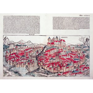 KRAKÓW. Panorama miasta – najstarszy znany widok Krakowa; powyżej i na verso tekst w jęz. niem.; drz ...