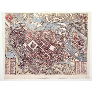 WROCŁAW. Perspektywiczny plan miasta; oparte na oprac. F. Grossa, 1587; w górnych narożnikach herby ...