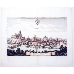 CIESZYN. Panorama miasta; w górze herb Cieszyna; miedz. kolor., st. bdb.; wym. płyty: 322x207 mm; ty ...