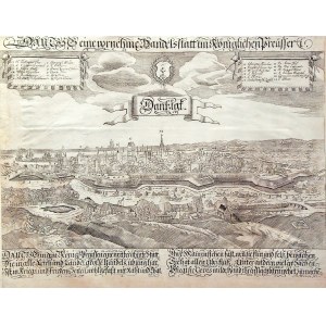 GDAŃSK. Panorama miasta; ryt. Michael Wening, wyd. Paul Fürst, ok. 1670; w górnych narożnikach kartu ...