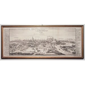 KRAKÓW. Panorama miasta; ryt. i wyd. G. Bodenehr, Augsburg, ok. 1720; po obu str. obszerny opis i le ...