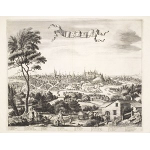 KRAKÓW. Panorama miasta; wyd. Pieter van der Aa, Lejda, ok. 1730; pod dolną ramką objaśnienia; miedz ...