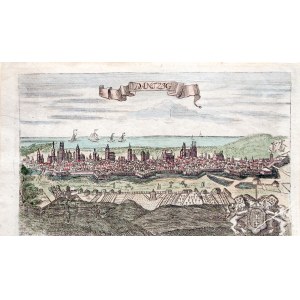 GDAŃSK. Panorama miasta; rys. F.B. Werner, ok. 1735; miedz. kolor., st. bdb.; wym.: 152x92 mm; tyt. ...
